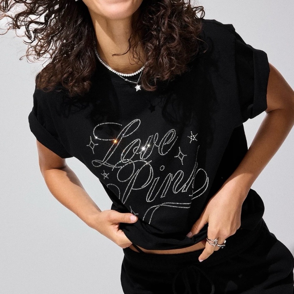 VS PINK LOVE PINK BLACK CAMPUS TEE WITH BLING/RHINESTONES LOGO SIZE SMALL